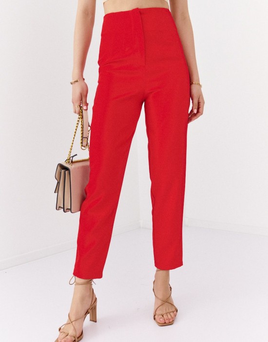 Дамски панталон с висока талия в червен цвят 50270, FASARDI, Панталони - Modavel.com