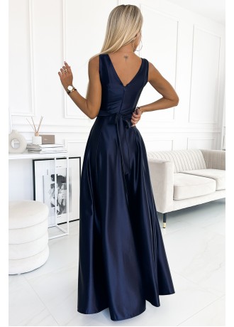 Дълга сатенена рокля в тъмносин цвят 508-1