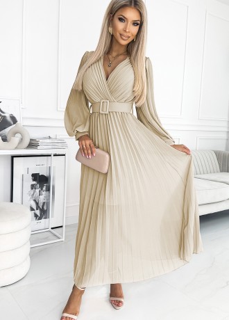 Дамска плисирана рокля в бежов цвят KLARA 414-8