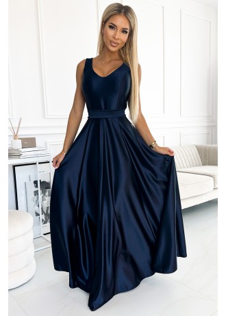 Дълга сатенена рокля в тъмносин цвят 508-1